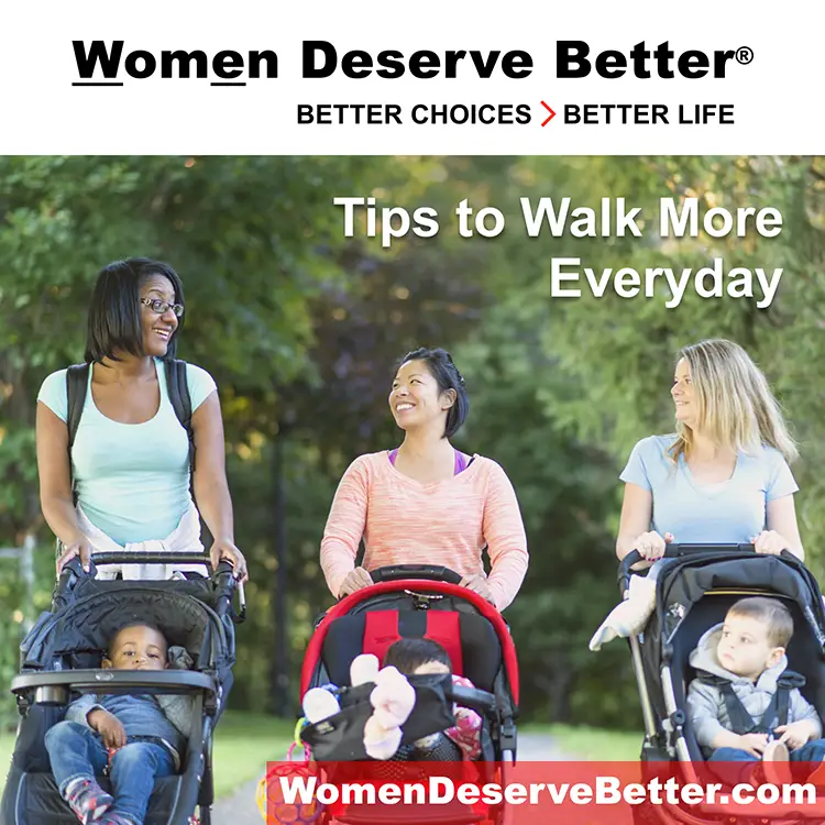 Photo of three moms walking and pushing strollers with the embedded text Tips to Walk More Everyday