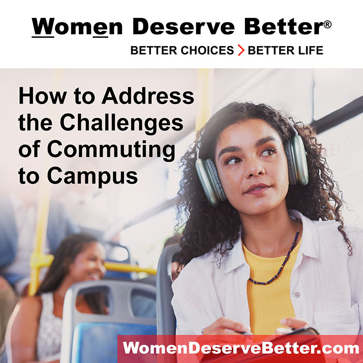 A woman with headphones on riding the bus, and overlaid text that says How to Address the Challenges of Commuting to Campus