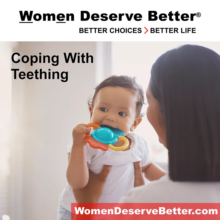 A photo of a baby chewing on a toy with overlaid text that says Coping with Teething